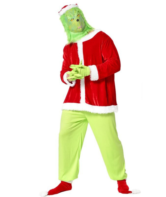 Adult Grinch Santa Costume with Mask Christmas Day ( belt and shoe cover is not Include )