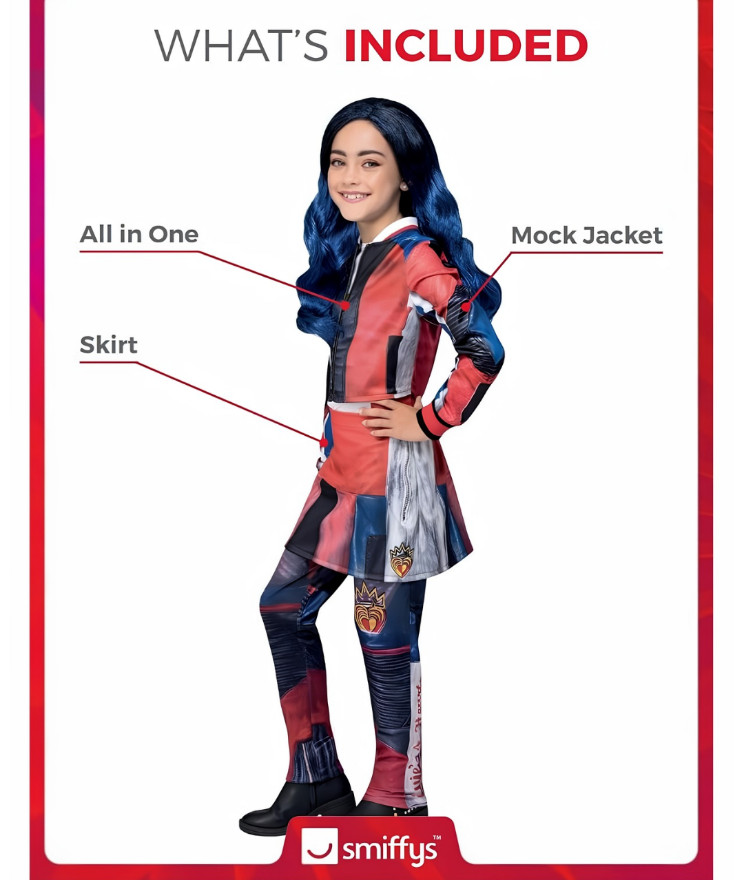 Smiffys Disney Descendants Evie Costume for Kids, All-in-One Mock Jacket and Skirt, Red and Blue, Officially Licensed with Printed Heart Details