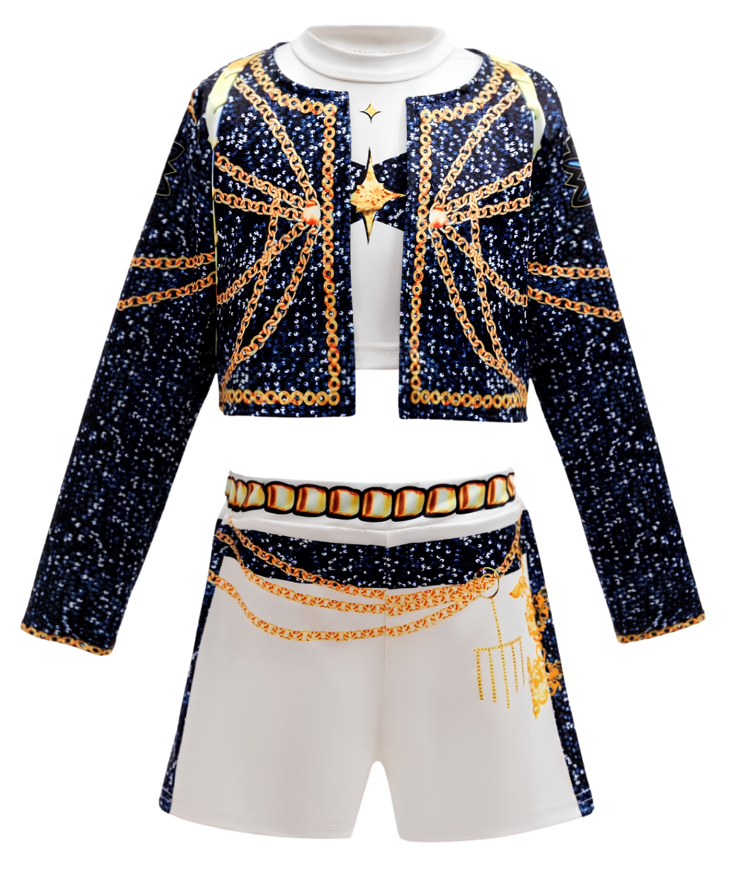 Kpop Demon Hunters Merch Girls Rumi Costume Kids Huntrix White Golden Coat Top Shorts K pop Demon Hunters Outfit Set K-pop Party Outfits
