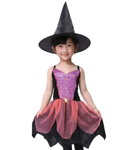 Witch costume dress with hat black dress With Gold Stars